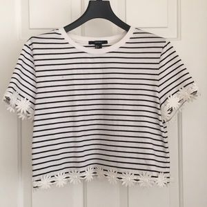 Forever 21 Women's Crop Top L (Junior) Striped Black White Floral Lace Hemline